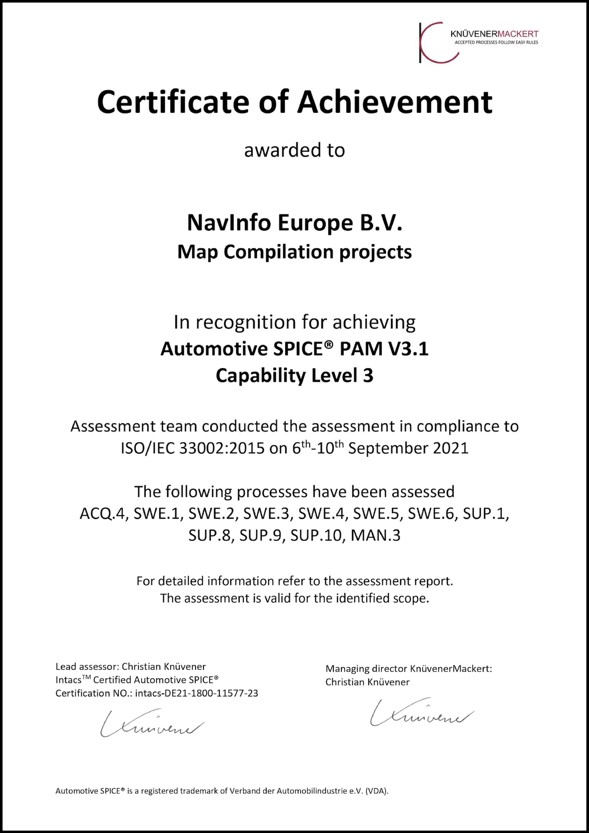 918博天堂欧洲通过Automotive SPICE 3级认证